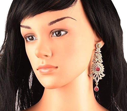 Touchstone "Hollywood Glamour Oscar Collection" Indian Paisley Motif Designer Bridal Jewelry Long Chandelier Earrings In Antique Gold and White Tone For Women. - Image 5